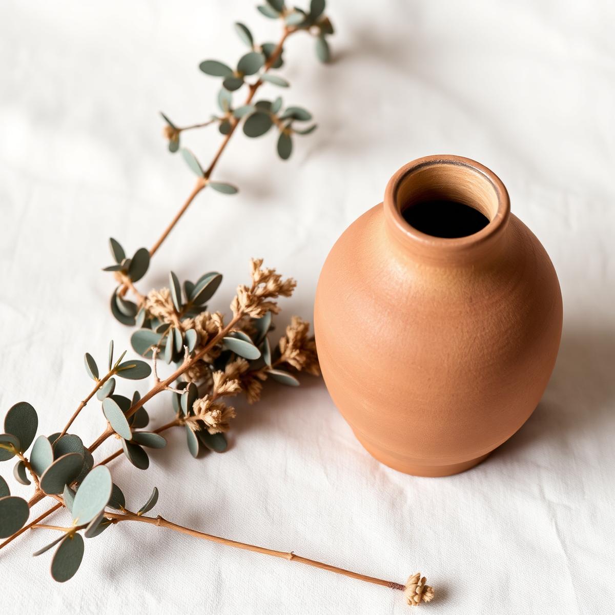 Soft botanical still life with terracotta vessel